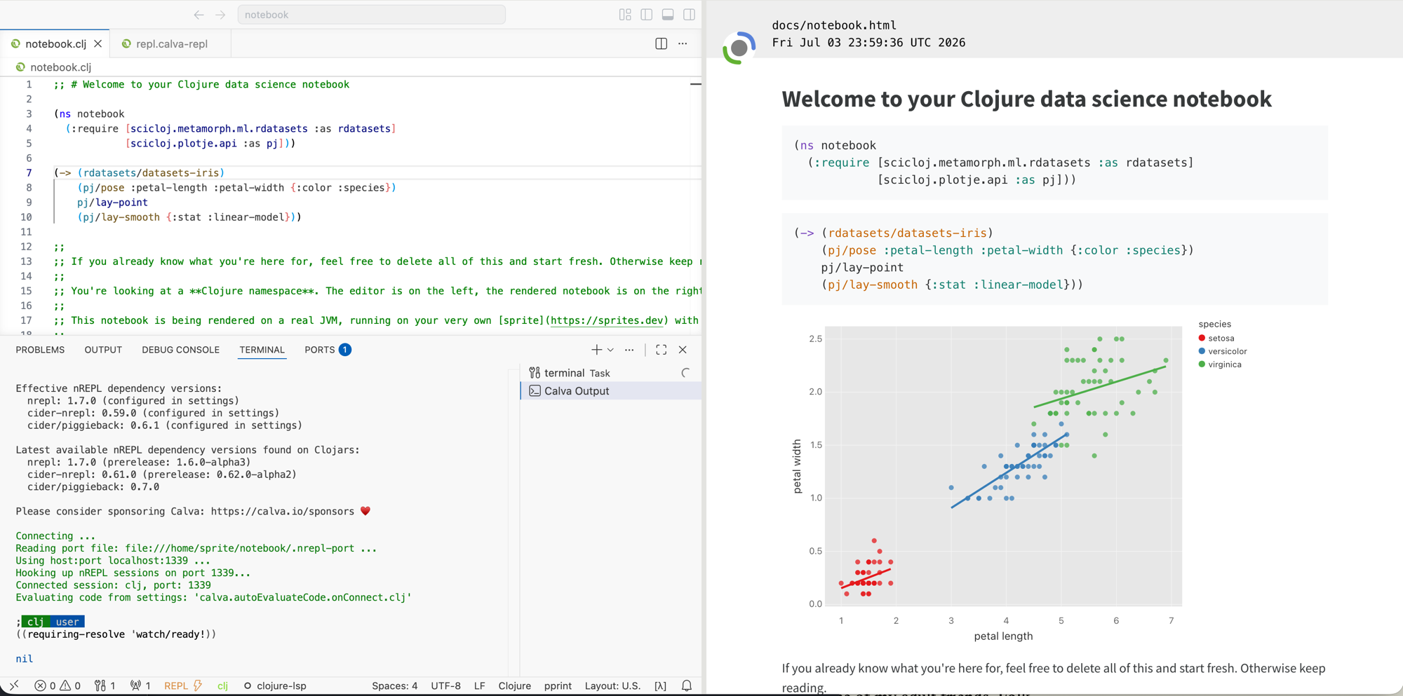 The notebook open in the browser: a VS Code editor with Calva on the left showing a Clojure ns form and an iris scatter-plot snippet, and the live Clay-rendered notebook on the right — the same code above a petal-length vs petal-width scatter plot of the iris dataset, coloured by species with linear-model trend lines.